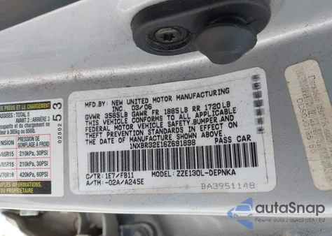 2006 Toyota Corolla Le from USA, damaged, VIN 1NXBR32E16Z691898